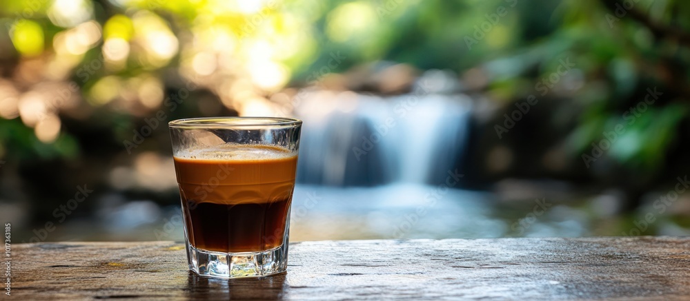 A glass of espresso on a wooden table in front of a waterfall.