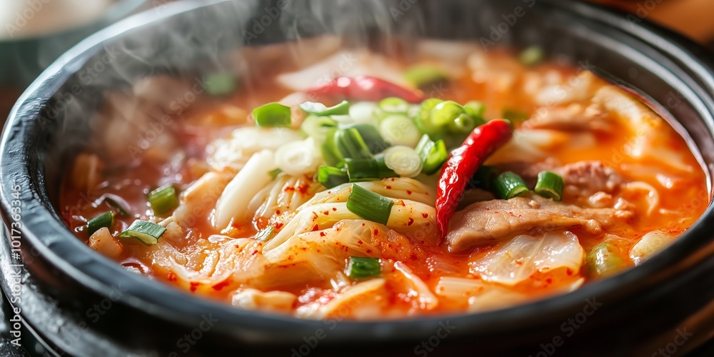 Close-up view of a steaming bowl of Kimchi stew featuring vibrant red broth and colorful ingredients. Korean comfort food concept Close-up view of a steaming bowl of Kimchi stew featuring vibrant red broth and colorful ingredients. Korean comfort food concept