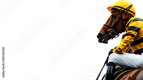 Jockey riding a horse, emphasizing the sport of horse racing.