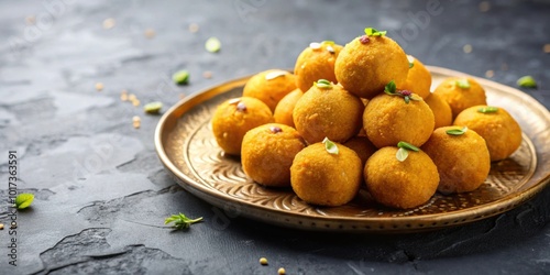 Plate of Indian Besan Laddu on concrete background, Indian, sweets, Besan Laddu, Laddoo, chickpea flour, ghee, sugar photo