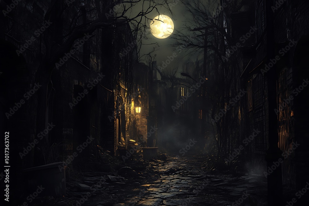 Dark, eerie alley illuminated by a full moon and streetlight. Dark, eerie alley illuminated by a full moon and streetlight.