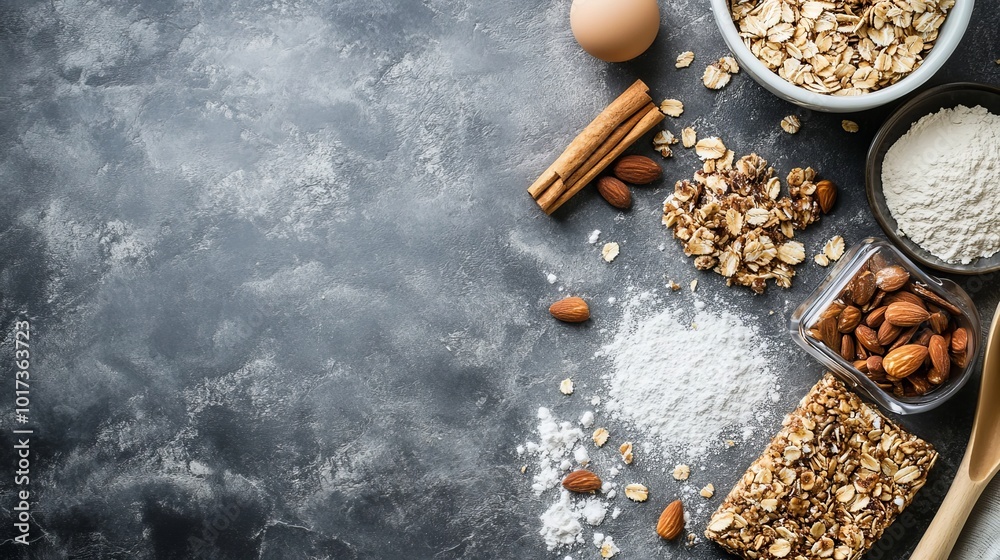 Granola bar ingredients on grey Granola bar ingredients on grey