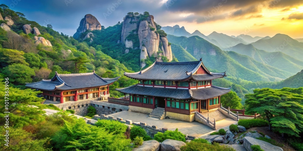 Buddhist temple surrounded by lush greenery on Bukhan Mountain in Bukhansan National Park Buddhist temple surrounded by lush greenery on Bukhan Mountain in Bukhansan National Park