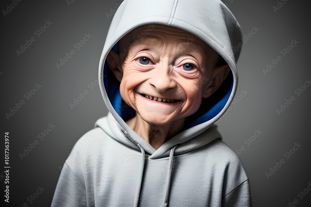 happy 10 year old little boy with Progeria disease, wearing a blank hoodie, isolated, sick, smiling, resilient, brave, youthful, unique, rare, bald, fragile, thin, strong, courageous, innocent, hope happy 10 year old little boy with Progeria disease, wearing a blank hoodie, isolated, sick, smiling, resilient, brave, youthful, unique, rare, bald, fragile, thin, strong, courageous, innocent, hope