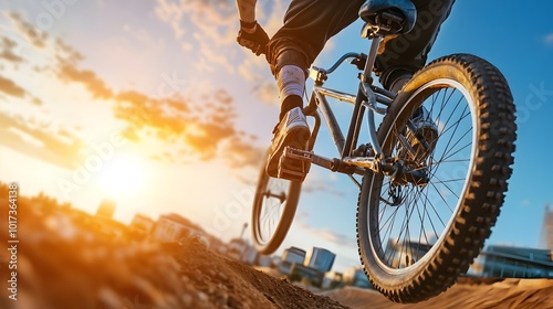 Wallpaper Mural Energetic BMX rider performing an impressive high jump over a dirt track silhouetted against a vibrant sunset cityscape backdrop capturing the thrill and excitement of the extreme sport Torontodigital.ca