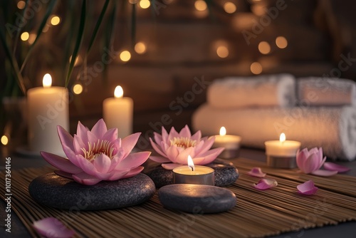 Pink lotus flowers on black stones with lit candles on a bamboo mat, a relaxing spa scene.