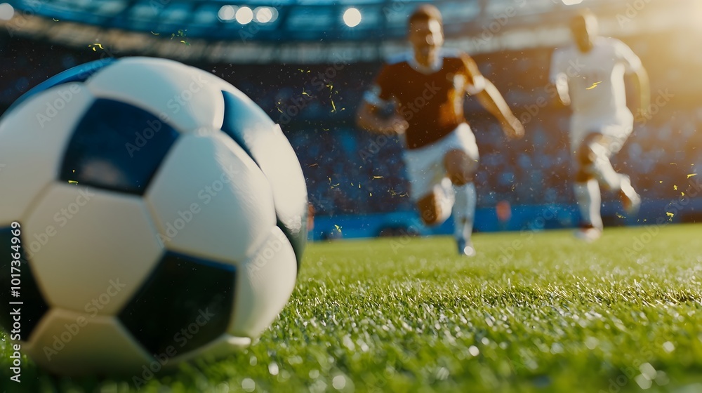 Fototapeta premium Intense soccer game moment with players in mid action on a lush green field surrounded by a packed stadium of energetic cheering fans Dynamic and high energy sports competition concept