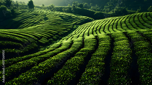 Lush green tea fields with rolling hills under soft sunlight.