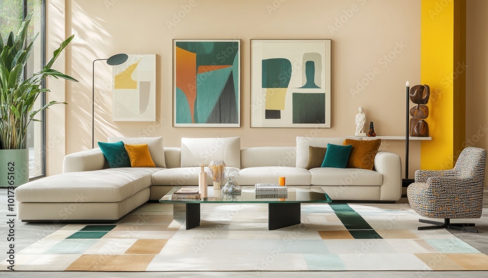 Obraz premium 1980s minimalistic living room with pastel sofa, geometric chairs, and teal accents 3. Generative AI