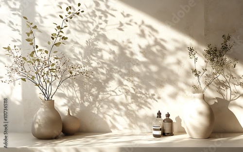 A serene scene featuring vases with flowers casting soft shadows, enhancing the minimalist aesthetic of a bright, airy space. photo