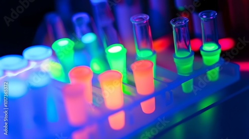 Colorful DNA gel electrophoresis bands glowing in a spectrum of blue, green, and red, representing molecular analysis in a laboratory setting. photo