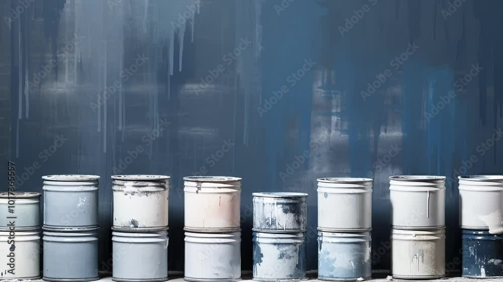 Weathered paint cans stacked against a blue wall in an industrial setting, splattered with colorful paint, creating a messy and abstract backdrop for diy projects Weathered paint cans stacked against a blue wall in an industrial setting, splattered with colorful paint, creating a messy and abstract backdrop for diy projects