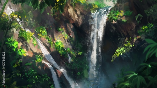 Wallpaper Mural Majestic waterfall plunging down rugged cliffs with vibrant green plants surrounding the cascading water in a lush forest setting Torontodigital.ca