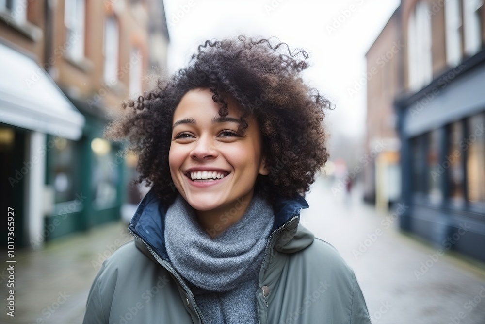 Portrait of a beautiful young woman with afro hairstyle smiling outside Portrait of a beautiful young woman with afro hairstyle smiling outside