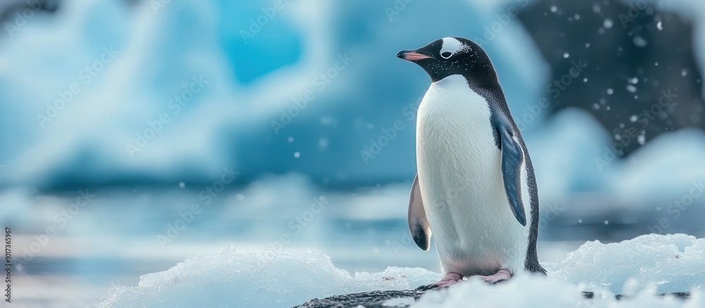 Obraz premium A lone penguin stands on a snowy, icy surface, looking out at the cold, blue landscape.