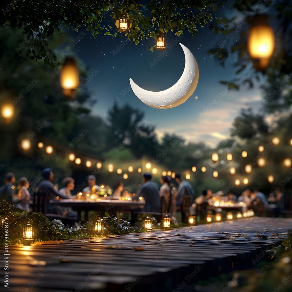 Ramadan Iftar with glowing crescent moon in the night sky lanterns lining the pathways and a group of people gathered around a long outdoor table to share the Iftar meal together as a community Ramadan Iftar with glowing crescent moon in the night sky lanterns lining the pathways and a group of people gathered around a long outdoor table to share the Iftar meal together as a community