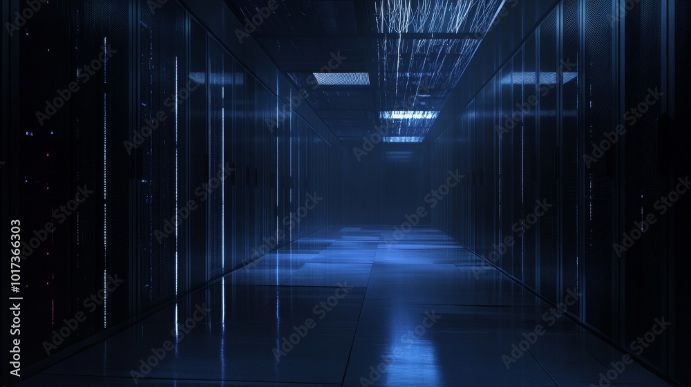 Empty server room corridor with rows of servers and blue light. Empty server room corridor with rows of servers and blue light.