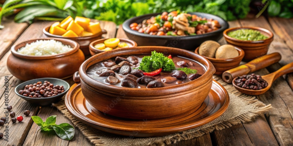 Traditional Brazilian Feijoada dish served in an outdoor setting , Brazil, Feijoada, Brazilian cuisine, Pork Traditional Brazilian Feijoada dish served in an outdoor setting , Brazil, Feijoada, Brazilian cuisine, Pork