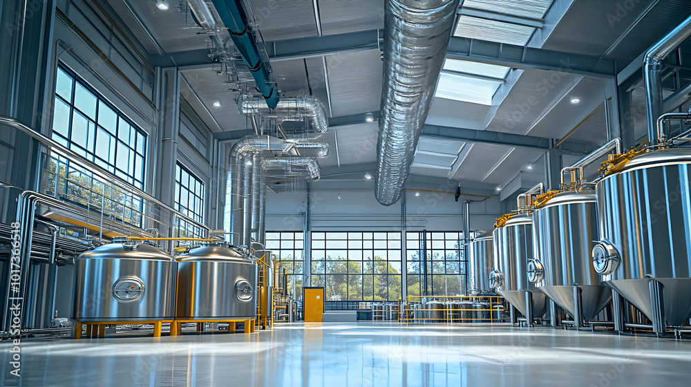 Modern industrial facility with large stainless steel tanks. Modern industrial facility with large stainless steel tanks.