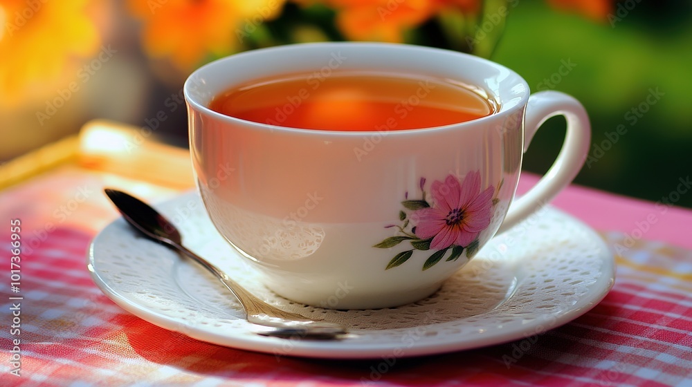A large, simple teacup featuring an elegant flower design on the side, resting gently on a matching saucer. The teacup is white with delicate floral patterns, A large, simple teacup featuring an elegant flower design on the side, resting gently on a matching saucer. The teacup is white with delicate floral patterns,