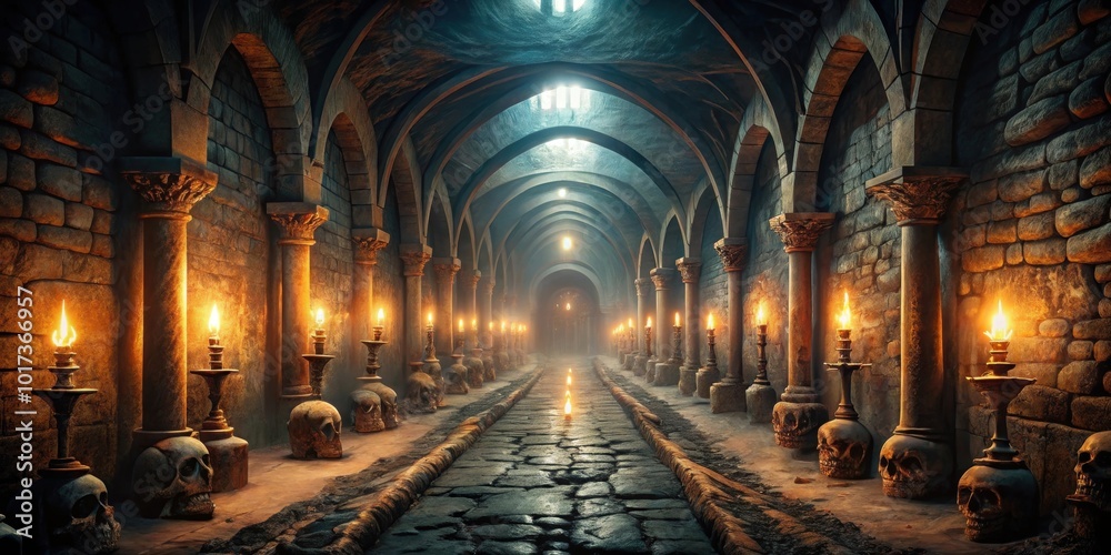 Fototapeta premium Scary rendering of endless medieval catacombs with flickering torches in a mystical nightmare setting, catacombs, medieval