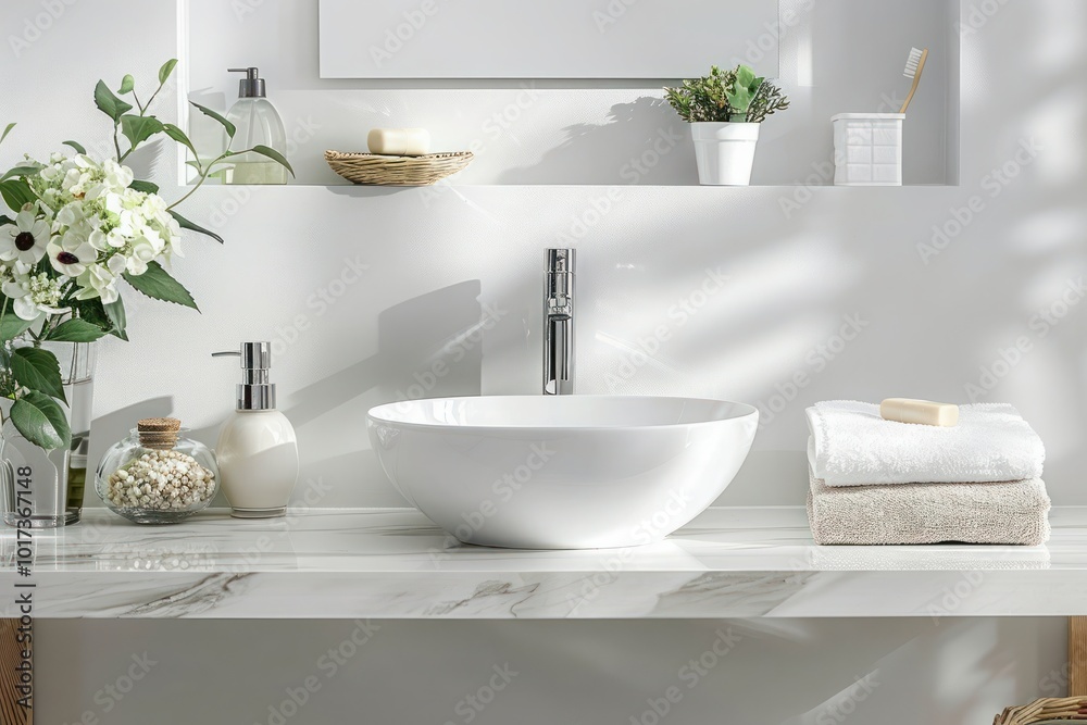 Interior of bathroom with sink, shelf units and accessories Interior of bathroom with sink, shelf units and accessories