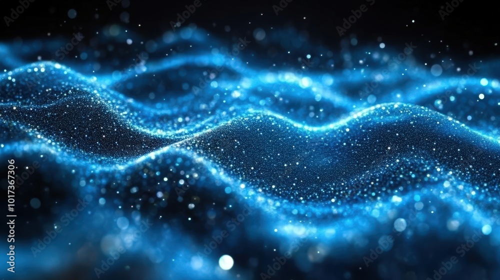 Abstract Blue Wave Of Shimmering Crystal-Like Particles In Motion With Bokeh Effect On Dark Background Abstract Blue Wave Of Shimmering Crystal-Like Particles In Motion With Bokeh Effect On Dark Background