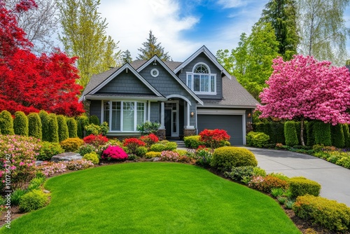 Beautiful house with manicured lawn and blooming flowers.