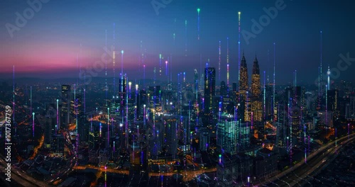 Kuala lumpur skyline transforming with growing glowing lines at dusk