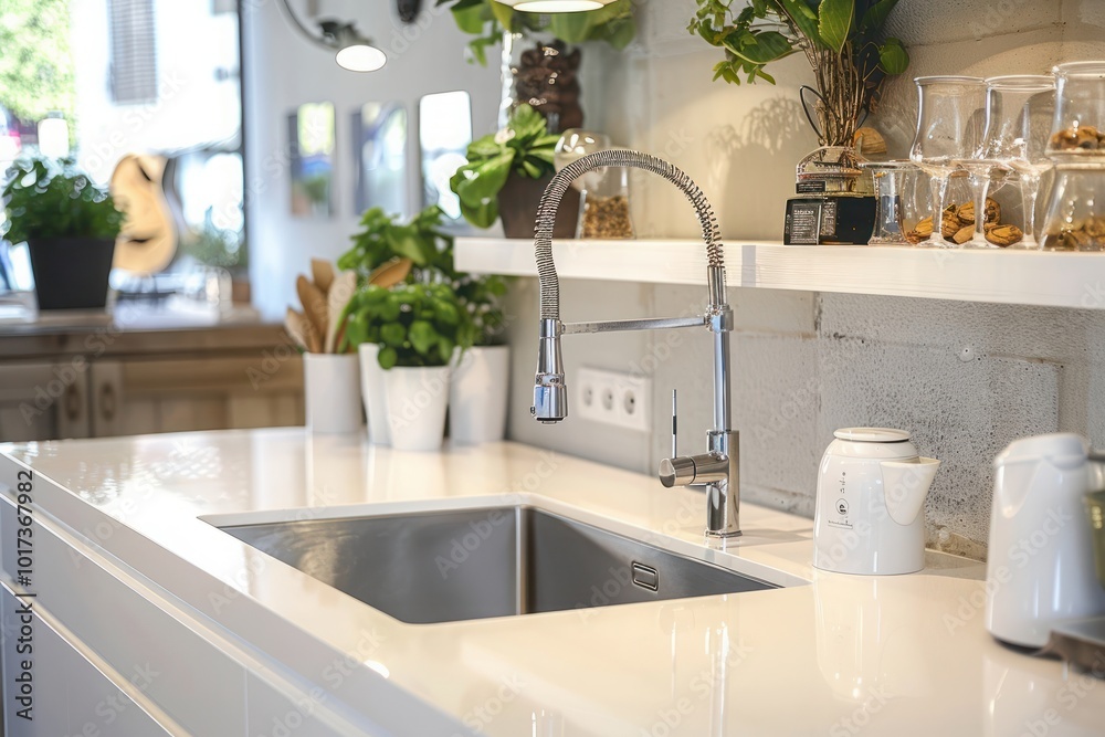 Interior of beautiful kitchen with white counters, sink and lamp Interior of beautiful kitchen with white counters, sink and lamp