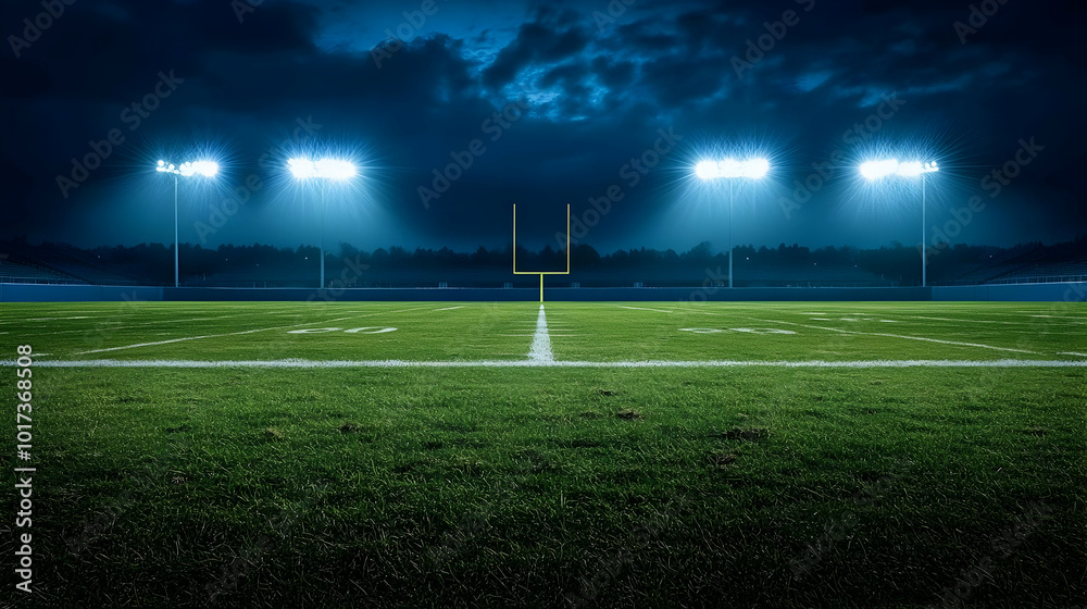 Nighttime view of a football field with bright stadium lights. Nighttime view of a football field with bright stadium lights.