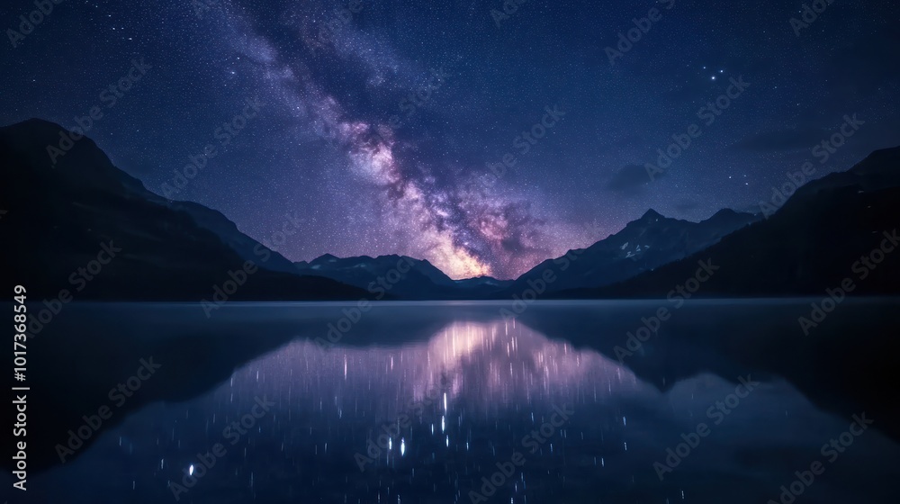 A calm lake at night reflecting a star-filled sky, with the Milky Way clearly visible both above and in the still water below, creating a mirror-like, serene landscape