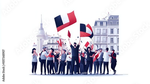 A lively and colorful Bastille Day parade with enthusiastic crowds waving the iconic red white and blue French flags in a festive display of national pride and cultural photo