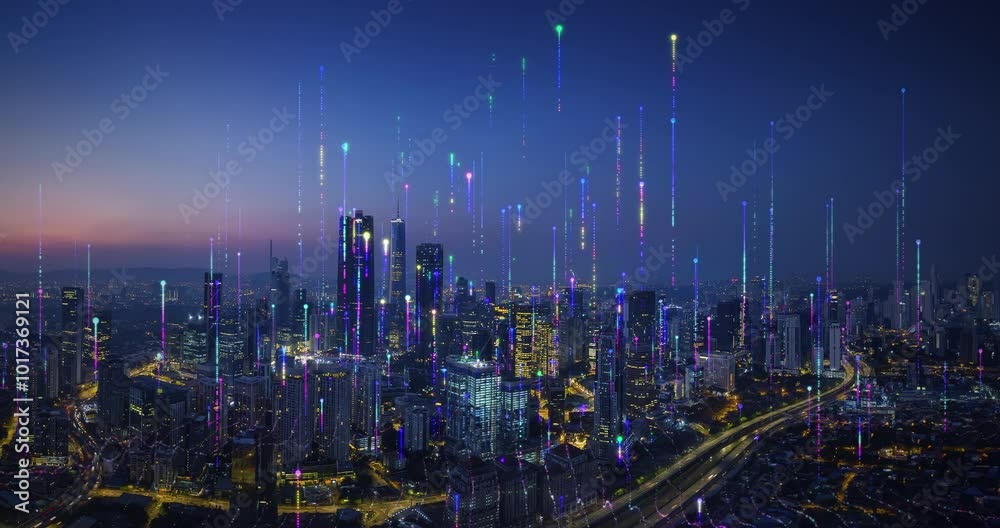 Smart city at night slowly generating data visualizations