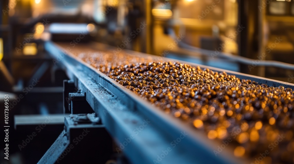A close-up of iron ore pellets being produced in a factory, with conveyor belts carrying the small, round pellets through refining and cooling stages under precise control.
