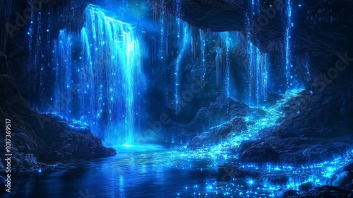 A magical cave with a glowing waterfall and river.