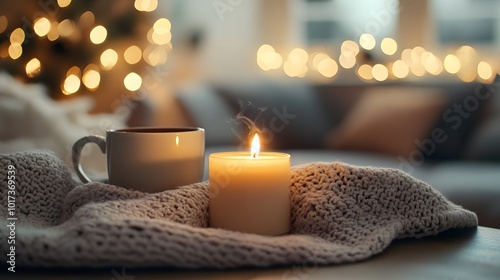 A Cozy Scene with a Lit Candle, a Mug of Tea, and a Knit Blanket