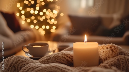 A Cozy Winter Evening with a Lit Candle and a Warm Drink