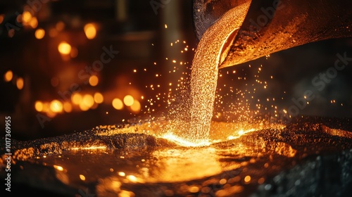 A close-up of molten iron being poured from a massive crucible into molds, with sparks flying and intense heat radiating from the glowing, liquid metal, illuminating the dark industrial foundry.