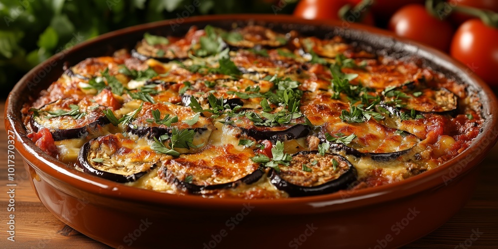 Layered Greek moussaka featuring eggplant, melted cheese, and aromatic herbs in a rustic clay pot. Culinary delight concept Layered Greek moussaka featuring eggplant, melted cheese, and aromatic herbs in a rustic clay pot. Culinary delight concept