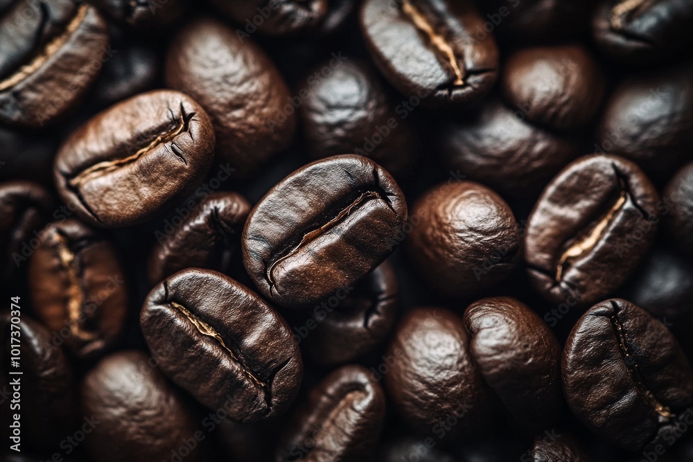 Closeup of roasted coffee beans with a focus on the intricate details of the beans' surface and the subtle variations in color and texture. Closeup of roasted coffee beans with a focus on the intricate details of the beans' surface and the subtle variations in color and texture.