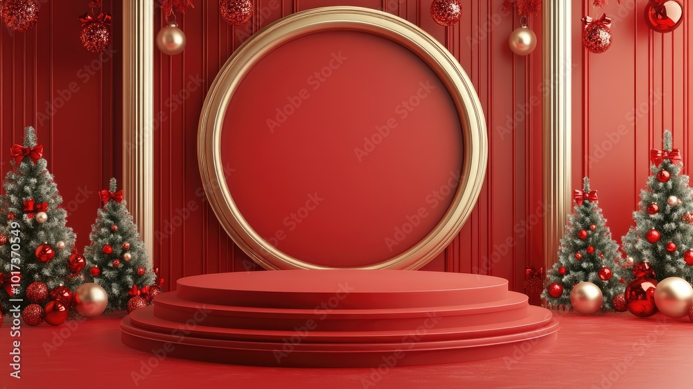 Festive Red Platform with Christmas Trees and Ornaments Festive Red Platform with Christmas Trees and Ornaments