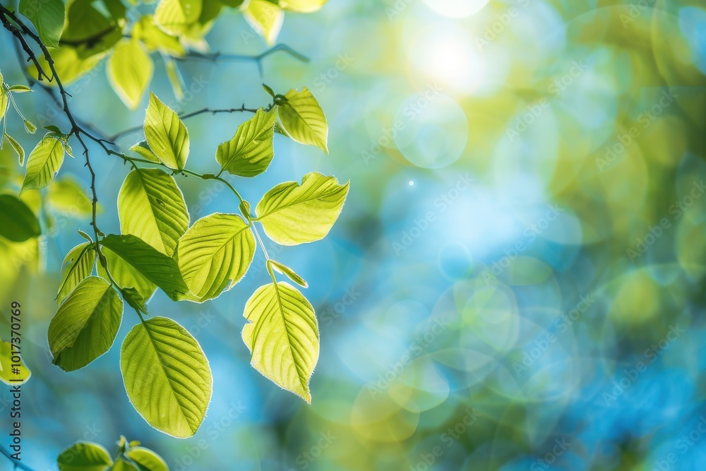 A tree branch with green leaves is shown in a bright blue sky, generative ai image A tree branch with green leaves is shown in a bright blue sky, generative ai image