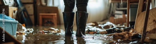 A person standing in flood debris, wearing rubber boots, surrounded by waterlogged waste and damaged furniture. photo