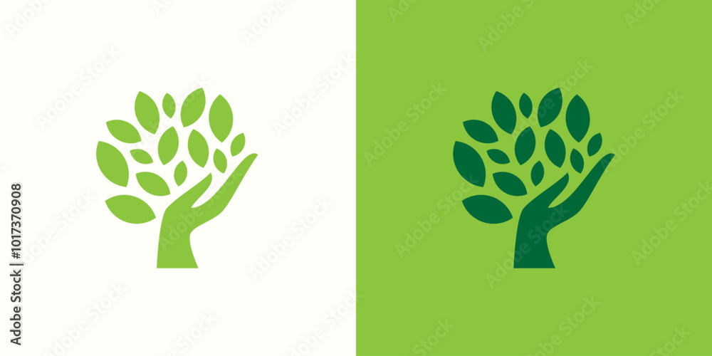 hand tree logo vector illustration, care plant logo template
