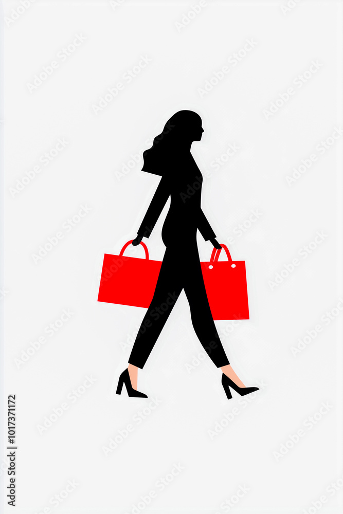 A woman is walking with two red shopping bags A woman is walking with two red shopping bags