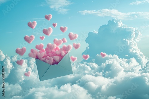 An envelope releases pink hearts into a serene sky, symbolizing love and joy. Ideal for romantic themes and wedding designs.