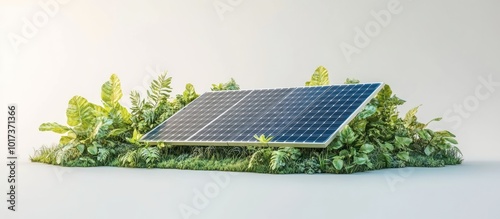 A solar panel lays on a bed of grass and foliage, representing a sustainable future. photo