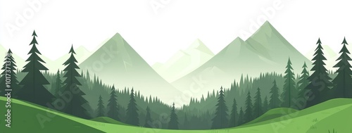 Green mountains with lush forest in the foreground against a white sky.