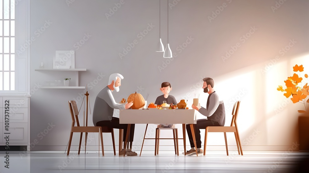 Cozy Thanksgiving Dinner Scene Featuring a Family Gathered Around a Festively Decorated Table in a Flat Minimalist Style Warm Inviting Atmosphere with Traditional Holiday Elements Cozy Thanksgiving Dinner Scene Featuring a Family Gathered Around a Festively Decorated Table in a Flat Minimalist Style Warm Inviting Atmosphere with Traditional Holiday Elements